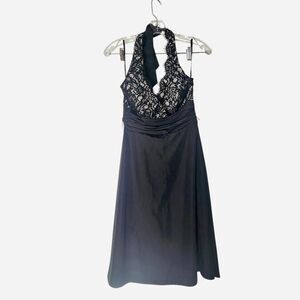 Y2k black lace whimsigoth halter neck empire waist babydoll cocktail dress 0 XS